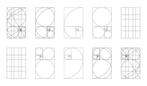 Golden ratio template big set. Method golden section samples. Fibonacci array, numbers forms. Harmony proportions black frames. Outline graphic thin illustration on white background. vector