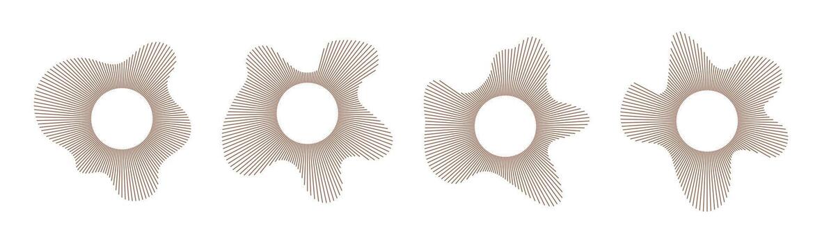 Circular wave set. Sound circle lines. Radial wavy frame pattern. Sound ring. Radial rays. Wavy design element. Equalizer logo, radial spectrum. Voice symbol. Audio music icons. Mocha mousse color. vector