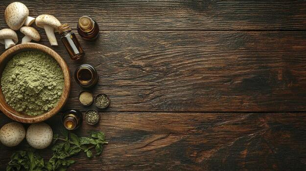 A rustic wooden table features a bowl filled with fine kratom powder, accompanied by mushrooms and various small jars, highlighting alternative medicine photo
