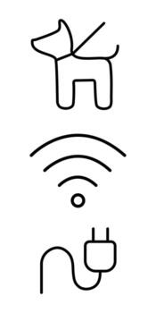 Set of simple icons dog, wifi, and plug symbols in black outline style, isolated on white background vector