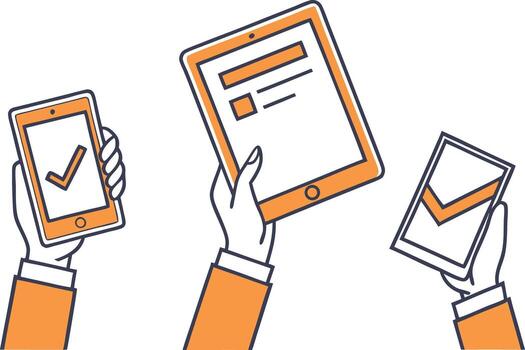 Three hands holding devices with checkmarks and data vector