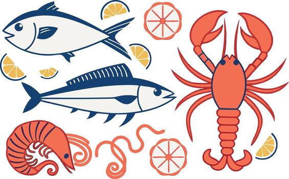 Blue and orange seafood illustrations with lemon slices vector