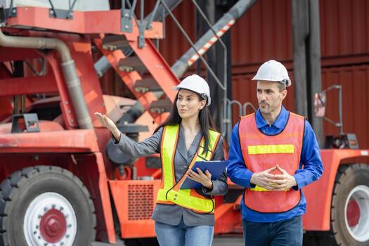 Logistics Team Discussing Operations at Container Port with Reach Stacker, Engineers Collaborating in a Shipping Yard, Supervisor and Worker Reviewing Plans at Freight Terminal photo