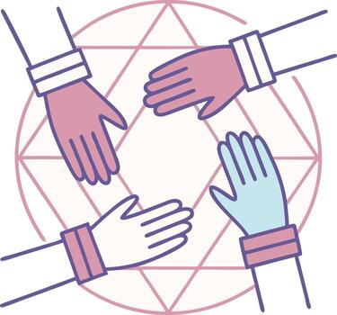 Four hands reaching inward forming circle with geometric pattern vector