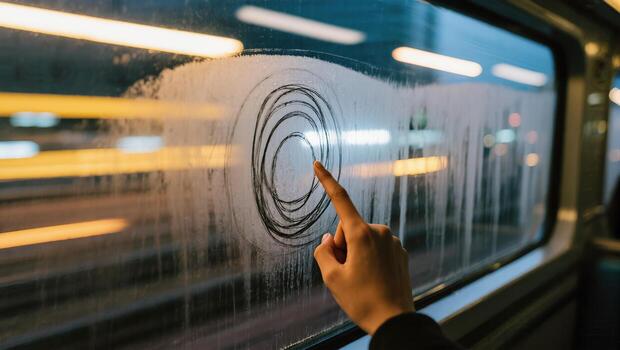 A hand sketches a circle on a steamy window, the blurred background of a moving train adds a dynamic contrast, creating a unique and engaging perspective of travel. photo
