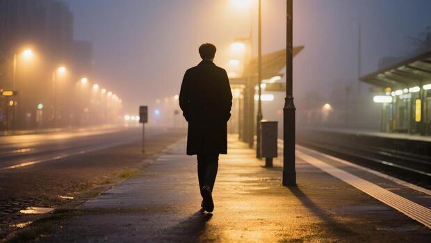 A lone figure walks along a platform in the fog, a silhouette against the illuminated street lamps, evoking feelings of solitude and introspection. photo