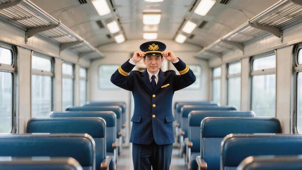 An evocative image captures the essence of travel, featuring a train conductor in full uniform, meticulously adjusting his cap inside a passenger carriage. photo