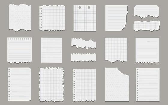 Torn paper. Set of torn papers, stickers, sticky notes, memo messages, notepads. Ripped paper sheet fragments. vector