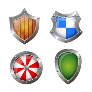 Shield icons in different shapes and colors. Elements isolated on white background vector