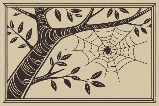 Spooky Art Depicting a Tree with Spiderweb in a Detailed Frame vector