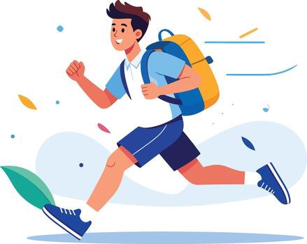 Flat cartoon happy young man running with a backpack, student rushing to class or on a journey, travel adventure vector