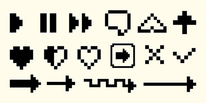 Set of pixel style interface icons including media controls hearts arrows checkmarks and chat symbols designed in 8 bit retro style for user interfaces games apps and digital projects. vector