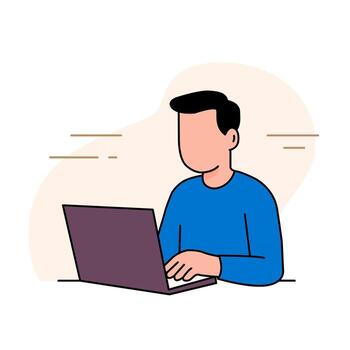 Man working on laptop. Flat illustration for freelancer, online work, remote job, programmer, or digital workspace concept. vector