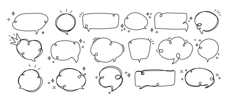 Doodle Style Speech and Thought Bubble Icons. Speech bubbles doodle style with sketchy lines and decorative elements, for social media graphics, stickers, presentations. illustration vector