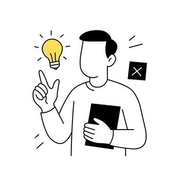Creative idea and innovation concept. Man pointing at light bulb holding notebook. vector