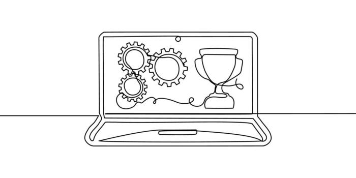 línea continuo ordenador portátil oficina computadora pantalla trabajo Arte ordenador personal contorno ilustración. continuo ordenador portátil línea soltero garabatear cuaderno escritorio mecanografía negocio icono monitor digital correo electrónico tecnología datos. vector