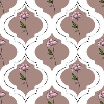 Seamless pattern with delicate pink flowers and a unique quatrefoil geometric design, featuring a dotted line motif and a sophisticated taupe and white color palette. vector