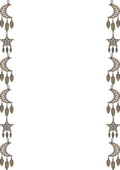 Seamless border design featuring repeating dreamcatchers in crescent moon and star shapes, adorned with delicate feathers in earthy tones, perfect for boho-style invitations or backgrounds. vector