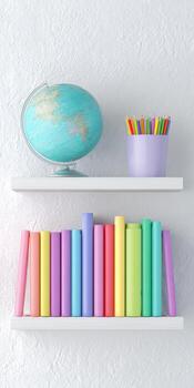 Organized shelf with colorful notebooks and pencil holder for creative workspaces and study inspiration photo