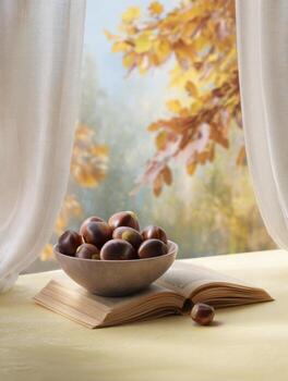 otoño tranquilidad con abierto libro y castañas en un iluminado por el sol mesa por un ventana foto