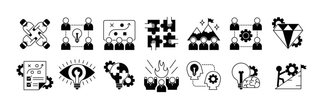 Icon Set of Teamwork, Brainstorm, Presentation, Goals, Collaboration, Value, Planning, Vision and more. Icon Mixed Style vector