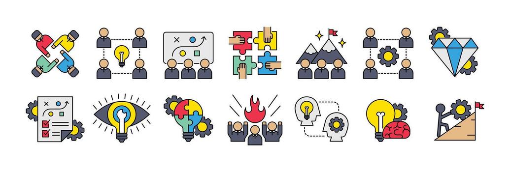 icono conjunto de trabajo en equipo, idea genial, presentación, objetivos, colaboración, valor, planificación, visión y más. icono línea color estilo vector
