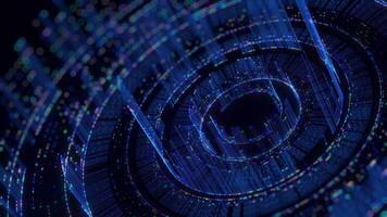 This abstract digital background showcases interconnected blue lines, glowing colorful dots, and intricate concentric circles, illustrating concepts of global networks, artificial intelligence, and video
