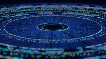 This abstract digital background showcases a dynamic visualization of interconnected blue lines, glowing colorful dots, and concentric circles, representing global networks, artificial intelligence, video