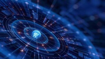 A vibrant blue abstract digital background features intricate interconnected lines, glowing nodes, and concentric circular patterns, symbolizing advanced technology, data flow, and global video