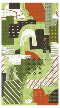 resumen collage de texturizado formas en verde, rojo, negro, y blanco, presentando elementos me gusta arcos, líneas, y floral motivos, repetir impresión modelo vector