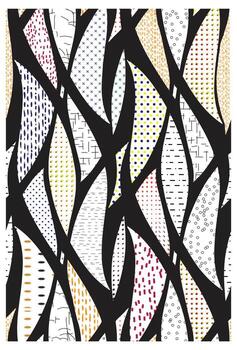 vistoso resumen modelo presentando curvo formas con varios texturas y puntos, conjunto en contra un negro fondo, repetir superficie diseño. vector