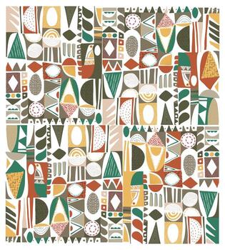A colorful seamless collage of abstract shapes and patterns, featuring earthy tones, organic forms, and geometric designs arranged in a grid layout. vector