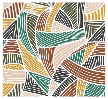 Abstract pattern featuring curved, wavy lines in earthy tones like green, brown, black, and gold, creating a dynamic visual texture, seamless surface design. vector