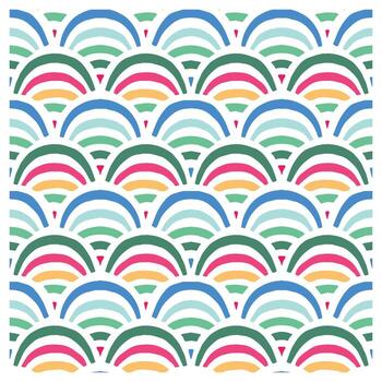 un vistoso, resumen modelo presentando superposición de bordes suaves cuadrado en varios pastel matices en contra un vibrante, ondulado fondo, repetir superficie impresión vector