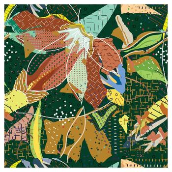 An abstract seamless print composition with vibrant colors and shapes, featuring floral motifs and geometric patterns on a dark green background. vector