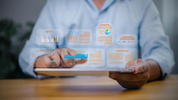 Data analytics concept with businessman using tablet to analyze digital report and charts. Business intelligence and technology dashboard. photo
