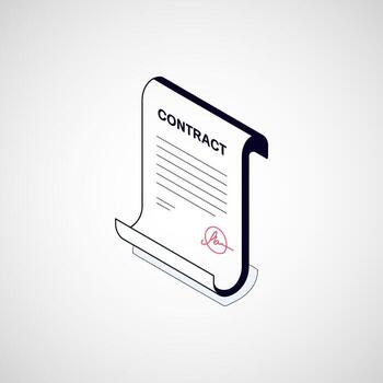 Isometric illustration of a rolled contract document with a seal vector
