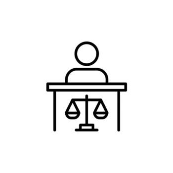 Outline Icon Depicting a Judge Sitting Behind a Bench With Scales of Justice vector