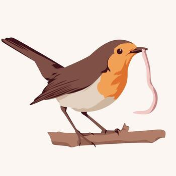 A robin perched on a branch, holding a worm in its beak, depicted in a simple, cartoon-like style. vector