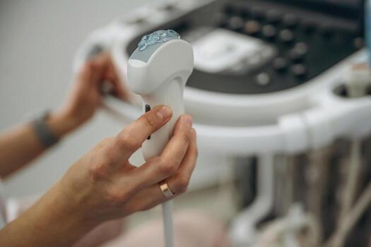 A person holding a handheld device in front of a computer photo