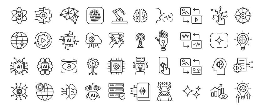 AI technology line icons set with editable stroke, containing robotic hands, machine learning, , chatbot, ai in education, data handling, automation, spot robot dog and many more. vector