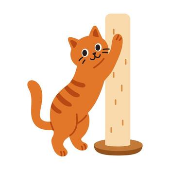 Funny illustration of orange cat with scratching post. Cute cat playing with post in flat style. Cartoon pet character in isolated on white. Scratching post and cat. vector