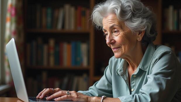 An older woman is using a laptop computer photo