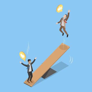 Businessmen balancing emotions on a seesaw vector