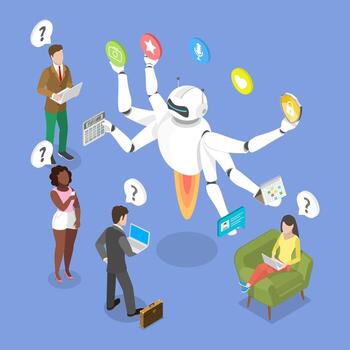 3d isométrica plano ilustración de ai servicios, impulsando empleado oficina productividad vector