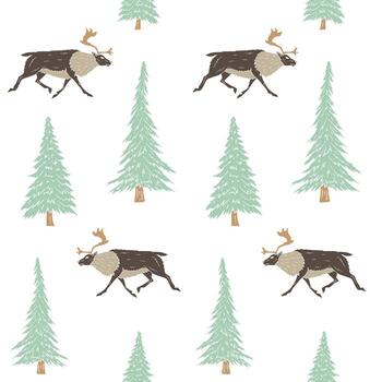 Seamless pattern of hand drawn doodle sketch reindeer and spruce tree vector