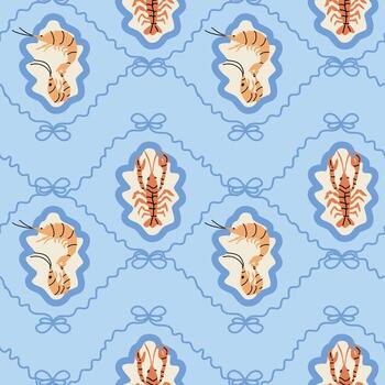 Seamless lobster and shrimp pattern with nautical elements on light blue background vector