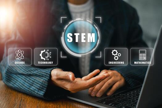Futuristic interface showcasing STEM fields, Science, Technology, Engineering, Mathematics. Ideal for educational and tech focused content. photo