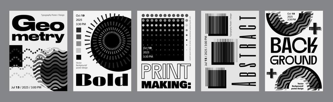 Abstract modern monochrome poster template. Banner set layouts with dynamic dots waves, halftone circle and square forms, simple contrast shapes. Black and white covers design. illustration. vector