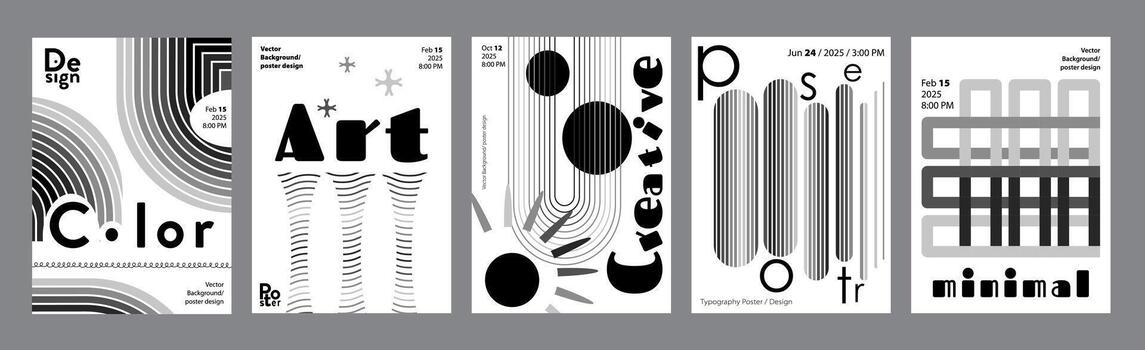 Abstract modern monochrome poster template. Banner set layouts with dynamic linear round forms, rippled texture, simple geometric shapes and forms. Black and white covers design. illustration. vector